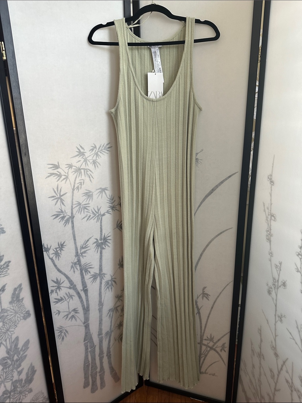 Zara Ribbed Sleeveless Wide‑Leg Jumpsuit Sage Green -see measurements in photos